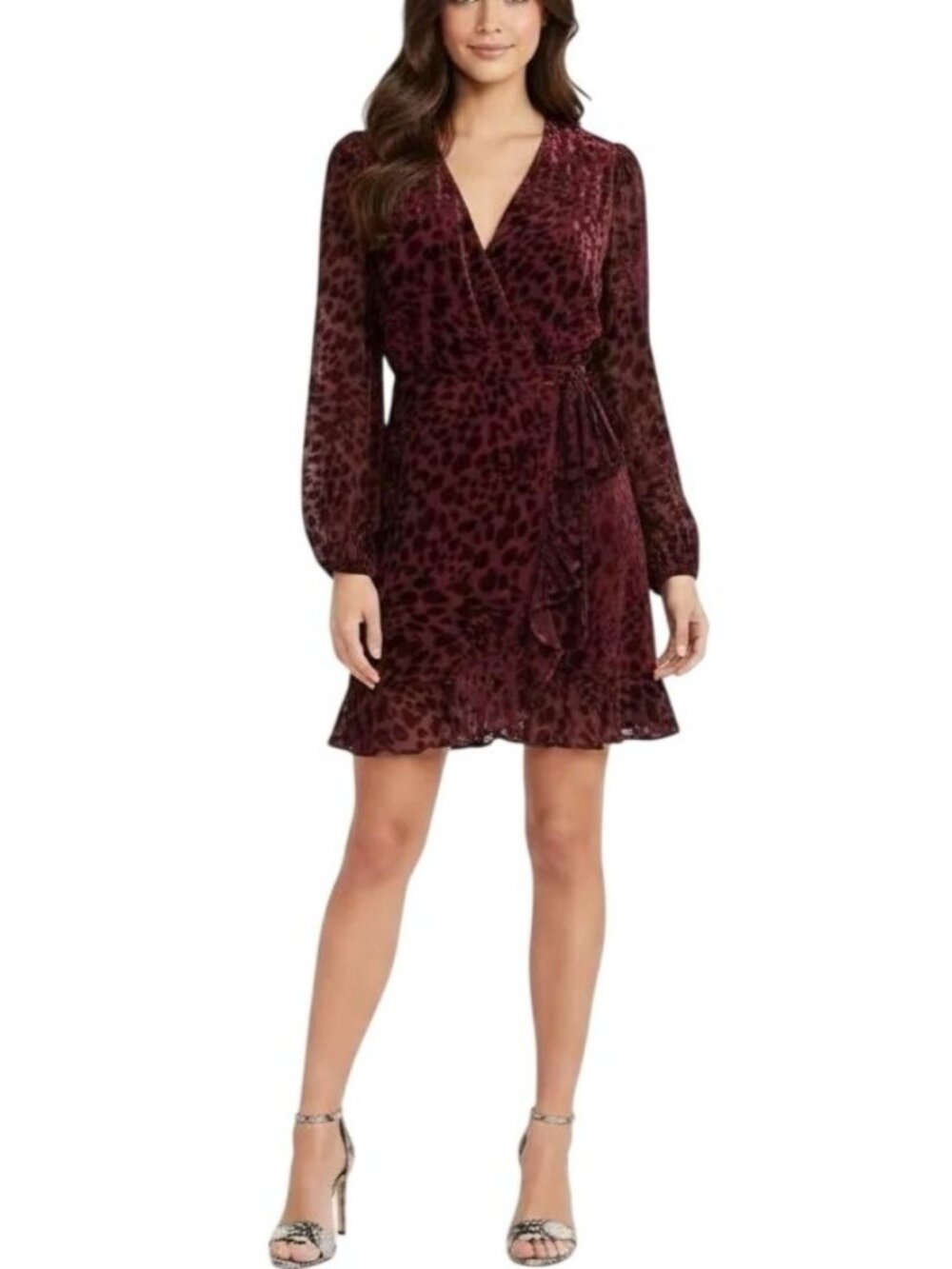 Alex Marie Women's Burgundy Maren Velvet Burnout Ruffled Wrap Mini Dress Size 10